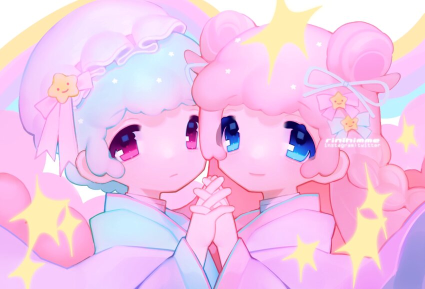 1boy 1girl artist_name blue_eyes blue_hair blue_ribbon bonnet bow brother_and_sister closed_mouth double_bun hair_bow hair_bun hair_ribbon highres holding_hands kiki_(little_twin_stars) lala_(little_twin_stars) little_twin_stars long_hair looking_at_viewer pink_eyes pink_hair ribbon rinihimme sanrio short_hair siblings smile star_(symbol) twins watermark white_bonnet white_bow yume_kawaii