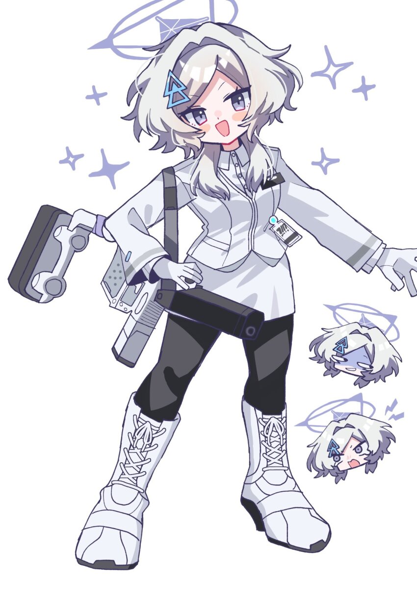 1girl blue_archive blush breasts furiba_794 gloves grey_hair gun gun_sling hair_ornament hairclip halo highres jacket kriss_vector long_sleeves mirai_(blue_archive) open_mouth pantyhose purple_halo shirt simple_background submachine_gun suppressor triangle_hair_ornament weapon white_background white_gloves white_hair white_shirt
