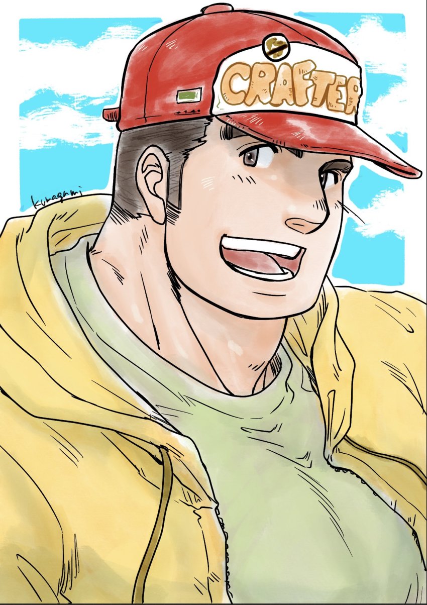 1boy artist_name bara baseball_cap blue_background border brown_eyes brown_hair green_shirt hat highres hood hooded_jacket jacket kajiya_kurogane kumagamike long_sideburns male_focus muscular muscular_male open_mouth outside_border red_hat shirt short_hair sideburns simple_background smile solo thick_eyebrows tokyo_houkago_summoners white_border yellow_jacket