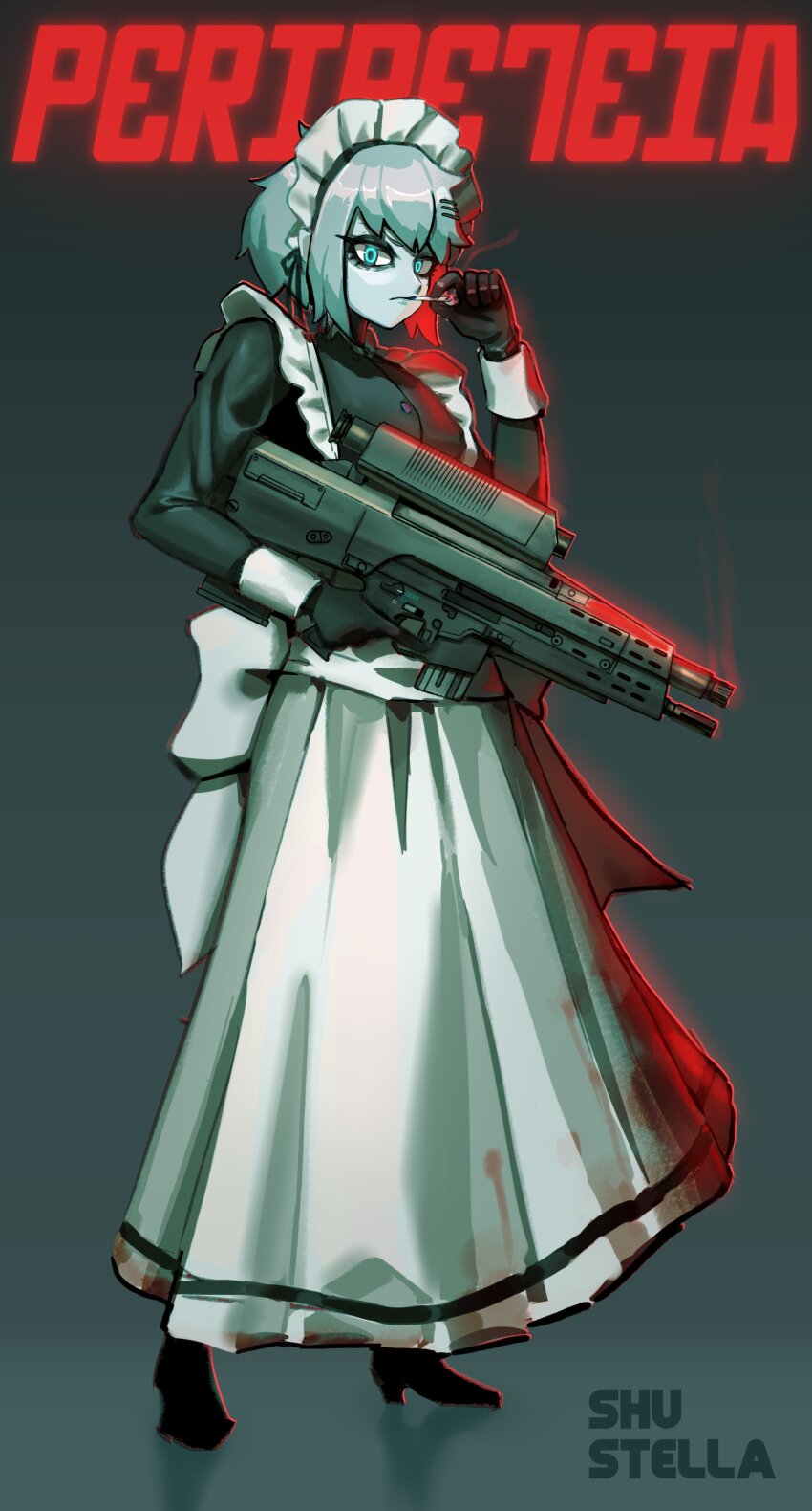 1girl absurdres airburst_grenade_launcher alliant_techsystems alternate_costume apron aqua_background aqua_eyes aqua_hair aqua_pupils aqua_theme artist_name assault_rifle black_dress black_shoes blood blood_on_clothes breasts bullpup carbine cigarette color_contrast commentary computerized_scope contraves_brashear_systems copyright_name dress english_commentary enmaided full_body gloves gradient_background grenade_launcher gun heckler_&amp;_koch high_heels highres holding holding_cigarette holding_gun holding_weapon l-3_communications_corporation l3_technologies long_gun looking_at_viewer maid maid_headdress marie_(peripeteia) medium_breasts peripeteia precision-guided_firearm red_light reflective_floor rifle scope semi-automatic_grenade_launcher serious shoes short-barreled_rifle short_hair shu-stella sidelighting sight_(weapon) smart_scope smoke smoking smoking_barrel solo standing transforming_weapon under-barrel_configuration underbarrel_assault_rifle underbarrel_rifle weapon white_apron xm104_(smart_scope) xm29_oicw