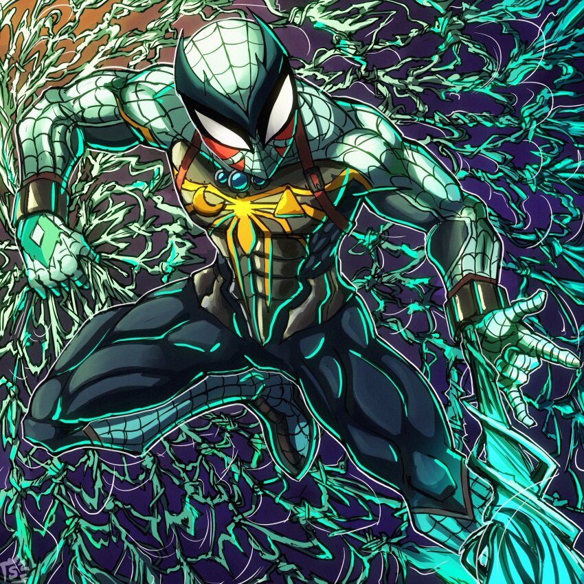 1boy alternate_color alternate_costume animal_print armor arthropod_boy artist_logo belt belt_buckle blue_gemstone buckle bug chest_jewel corruption crescent crescent_print crossover dark_persona double_helix fierce_deity firing gem highres holding knee_up leg_up legs logo looking_to_the_side male_focus marvel nintendo no_pupils possessed possession silk spider spider-man spider-man_(series) spider_boy spider_print spider_web spider_web_print stoic_seraphim tattoo the_legend_of_zelda the_legend_of_zelda:_majora&#039;s_mask triangle triangle_print white_eyes wrist_guards