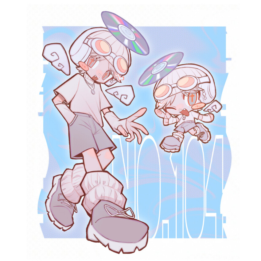 1boy androgynous angel blush_stickers cd chibi chibi_inset cross-shaped_pupils detached_wings goggles goggles_on_head halo hand_in_pocket highres male_focus original shirt shoes shorts socks solo symbol-shaped_pupils trap wings yappari