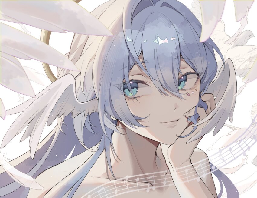 1girl aqua_eyes bird blue_hair face_jewel halo halo_behind_head head_wings highres honkai:_star_rail honkai_(series) jewel_under_eye long_hair niilsesu robin_(honkai:_star_rail) solo upper_body white_bird white_wings wings