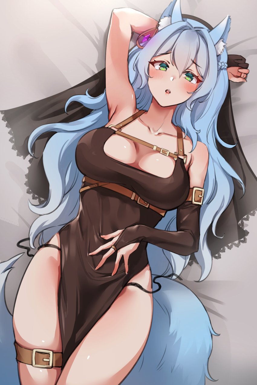 1girl absurdres animal_ear_fluff animal_ears armpits arms_up bad_id bad_twitter_id bare_shoulders bed_sheet black_dress black_panties blue_hair breasts bridal_gauntlets cleavage collarbone dress earrings fang fox_ears fox_girl fox_tail foxyreine gloves green_eyes highres jewelry large_breasts long_hair looking_at_viewer lying on_back open_mouth original panties partially_fingerless_gloves pelvic_curtain side-tie_panties side-tie_peek single_bridal_gauntlet sister_reine_(foxyreine) sleeveless sleeveless_dress solo string_panties tail thigh_strap thighs underwear untied_panties veil very_long_hair wavy_hair