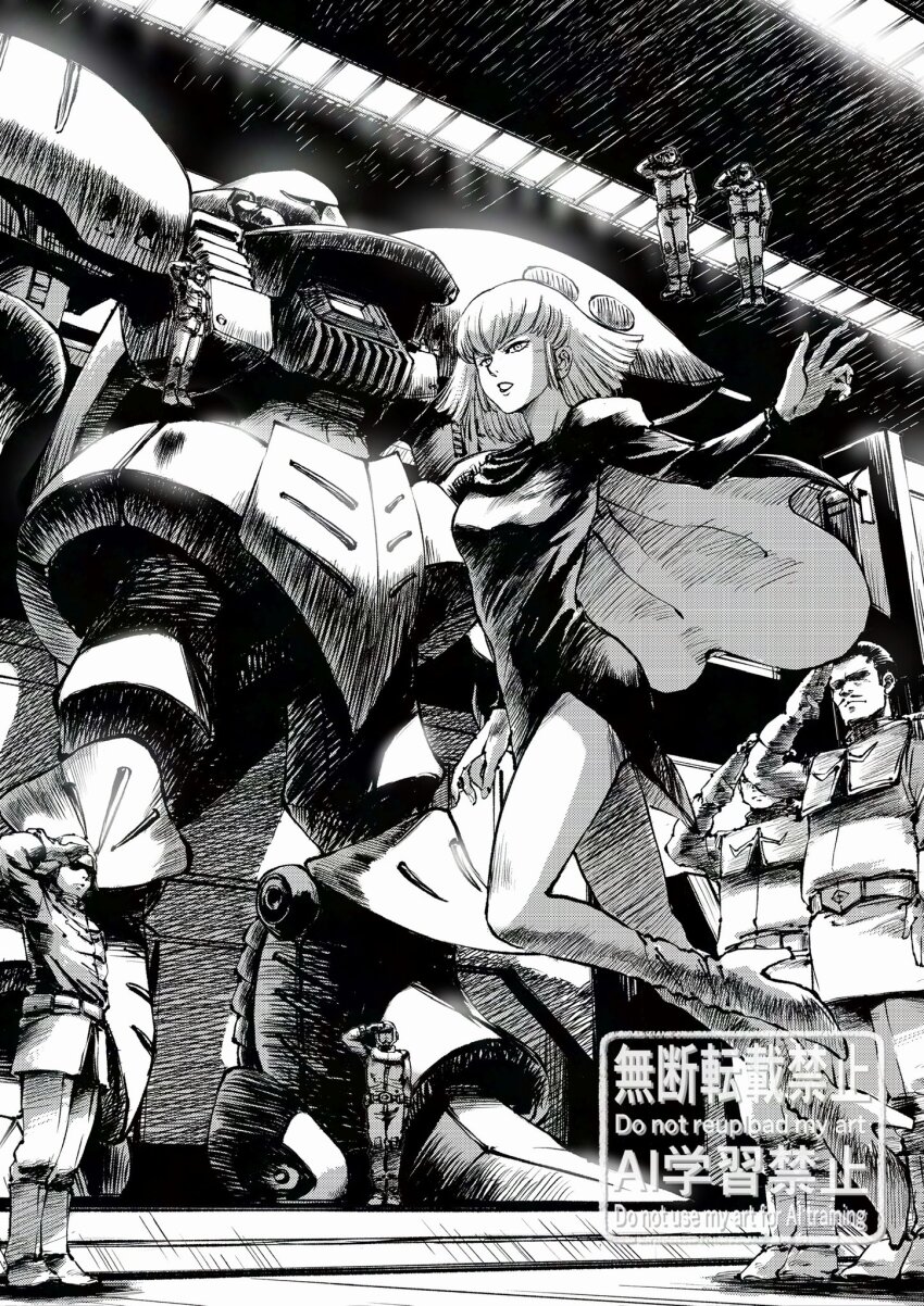 1girl 6+boys boots cape commentary_request floating_cape greyscale gundam haman_karn hatching_(texture) high_heel_boots high_heels highres kaeru_no_papa linear_hatching mecha mecha_pilot_suit medium_hair military_uniform mobile_suit monochrome multiple_boys normal_suit_(gundam) open_mouth outstretched_arm pants qubeley robot salute science_fiction shirt solo_focus standing zeon zero_gravity zeta_gundam