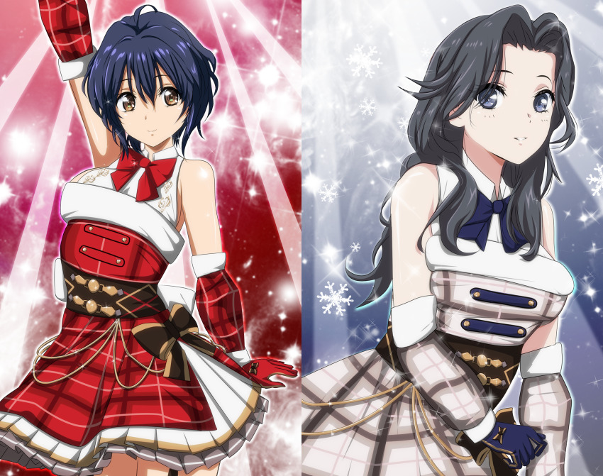 22/7 2girls ahoge arm_up black_hair blue_bow blue_bowtie blue_gloves bow bowtie brown_eyes closed_mouth collared_dress cowboy_shot curtained_hair detached_sleeves dress garter_straps gentoku gloves grey_eyes grey_hair hair_between_eyes highres light_rays long_hair multiple_girls orihara_sumika outstretched_arms parted_bangs parted_lips plaid_clothes plaid_dress red_bow red_bowtie red_dress red_gloves short_hair sleeveless sleeveless_dress smile snowing sparkle standing sunbeam sunlight takigawa_miu wavy_hair
