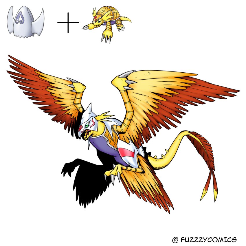 absurdres armadimon armor colored_skin digimental digimental_of_love digimon digimon_(creature) feathers fuzzzycomics green_eyes highres oridigi original tail twitter_username yellow_skin
