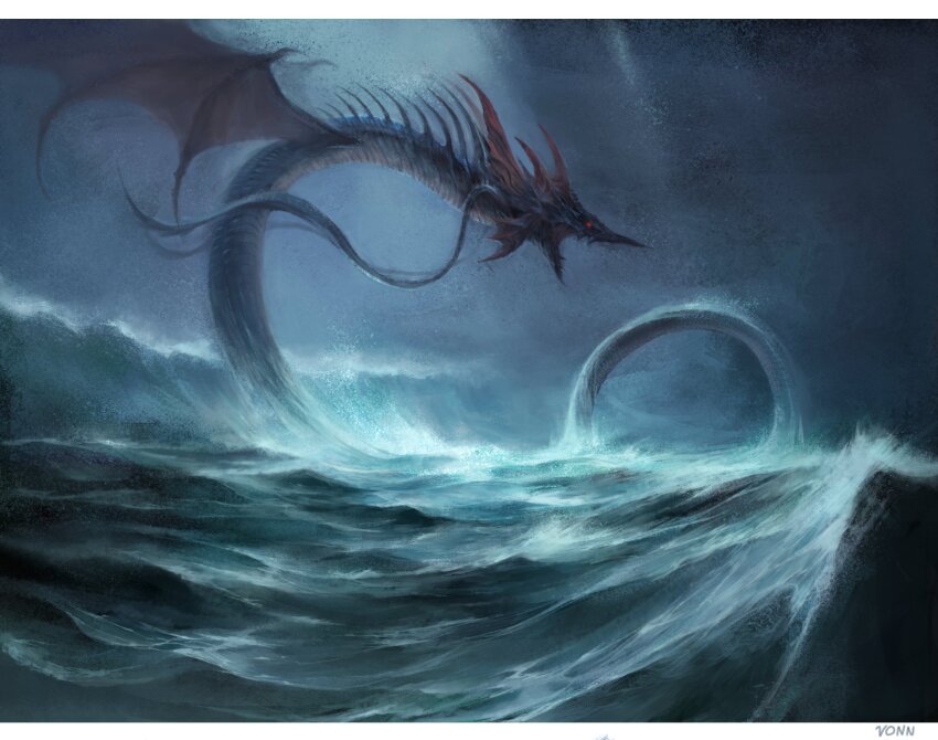 animal_focus arizdigitalart artist_name commentary english_commentary final_fantasy final_fantasy_xiv from_side glowing glowing_eye grey_sky highres letterboxed leviathan_(final_fantasy) monster no_humans ocean open_mouth outdoors painterly profile realistic red_eyes sea_monster sky solo spikes water waves wings