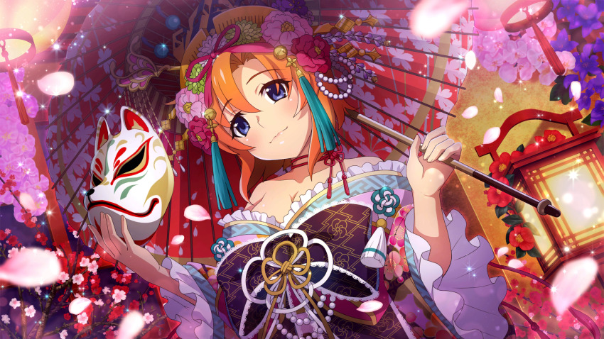 1girl alternate_costume alternate_hairstyle blue_eyes closed_mouth detached_sleeves dutch_angle falling_petals floral_print floral_print_kimono flower fox_mask frilled_kimono frills from_below game_cg hair_flower hair_ornament highres higurashi_no_naku_koro_ni higurashi_no_naku_koro_ni_mei holding holding_mask holding_umbrella japanese_clothes kimono mask non-web_source off_shoulder official_art oil-paper_umbrella oiran orange_hair outdoors petals pink_petals print_kimono ryuuguu_rena short_hair smile solo umbrella