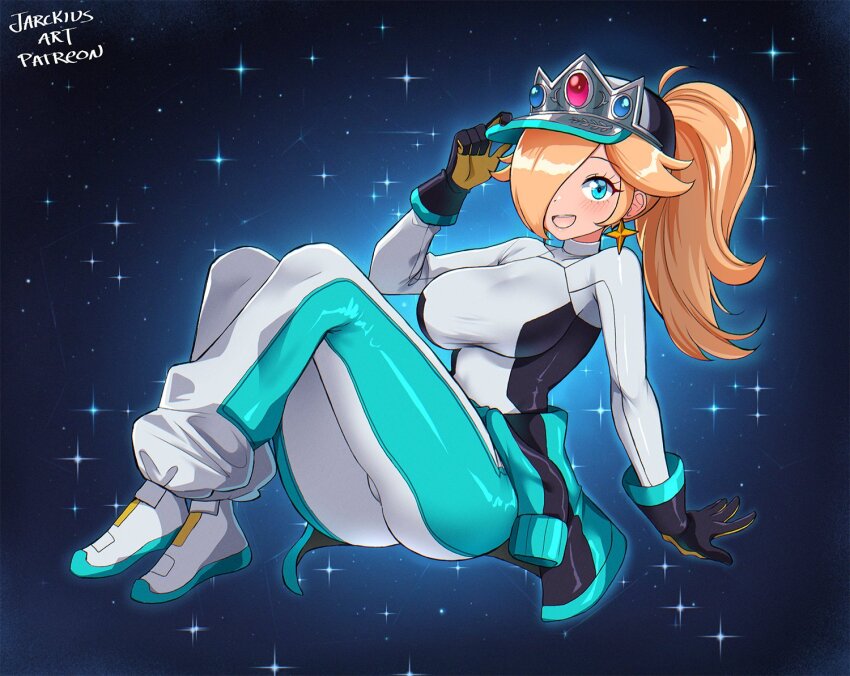 1girl ass blonde_hair blue_eyes breasts clothes_around_waist crown_hat earrings gloves hair_over_one_eye hat jacket jacket_around_waist jarckius jewelry long_hair mario_(series) mario_kart mario_kart_world nintendo ponytail racing_suit rosalina rosalina_(pro_racer) shirt smile solo star_(sky) star_(symbol) star_earrings starry_sky_background tight_clothes tight_shirt