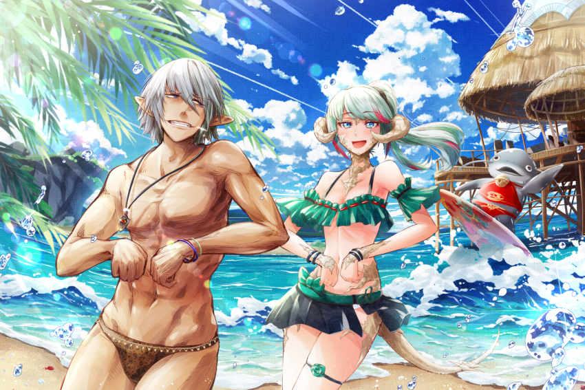 1boy 1girl animal_print aqua_hair au_ra bangle bare_shoulders beach bell bikini bikini_skirt black_eyes blue_eyes blue_sky blush bow bracelet breasts brown_male_swimwear brown_swim_briefs clenched_hands cloud cluseller collarbone cowboy_shot dark-skinned_male dark_skin day dragon_girl elezen elf eye_contact fangs final_fantasy final_fantasy_xiv flower green_bikini green_bow green_flower green_rose grey_hair grin hair_tie half-closed_eyes happy haurchefant_greystone horizon horns hut leopard_print jewelry jingle_bell lens_flare leopard_print light_rays lizard_tail long_hair looking_at_another looking_back male_swimwear multicolored_hair muscular muscular_male namazu_(final_fantasy) navel necklace ocean open_mouth outdoors pink_hair pointy_ears ponytail print_male_swimwear print_swim_briefs print_swimsuit rose sand scales short_hair skindentation sky small_breasts smile sparkle standing stomach streaked_hair sunlight surfboard swept_bangs swim_briefs swimsuit tail teeth thatched_roof thigh_strap topless_male tree warrior_of_light_(ff14) water waves