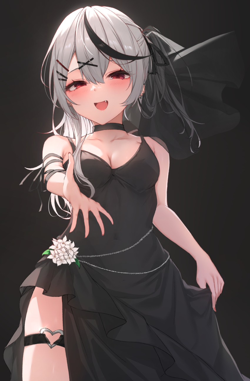 1girl :d absurdres alternate_breast_size alternate_costume alternate_hairstyle bare_arms bare_shoulders black_background black_choker black_dress black_hair black_veil blush breasts center-flap_bangs choker cleavage covered_navel cowboy_shot dress dress_flower ear_piercing evening_gown flower grey_hair hair_ornament hairclip heart heart_o-ring highres hololive koyokurosuki looking_at_viewer medium_breasts multicolored_hair multiple_piercings o-ring o-ring_thigh_strap offering_hand one_side_up open_mouth outstretched_hand piercing reaching reaching_towards_viewer red_eyes sakamata_chloe see-through_clothes see-through_veil side_slit skirt_hold smile solo streaked_hair thigh_strap tight_clothes veil virtual_youtuber x_hair_ornament
