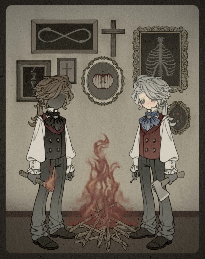 2boys absurdres apple ascot axe black_ascot black_gloves black_pants black_shoes blue_ascot bonfire brown_hair brown_vest buttons closed_mouth cross dna double-breasted double_helix dual_persona expressionless faceless fire food frederick_kreiburg frilled_sleeves frills fruit full_body gloves grey_hair highres holding holding_axe holding_matchstick holding_torch identity_v indoors infinity_symbol long_hair long_sleeves low_ponytail male_focus multiple_boys pants picture_frame ponytail procreate_(medium) red_vest shirt shoes tareme torch vest white_shirt yigeweiren607