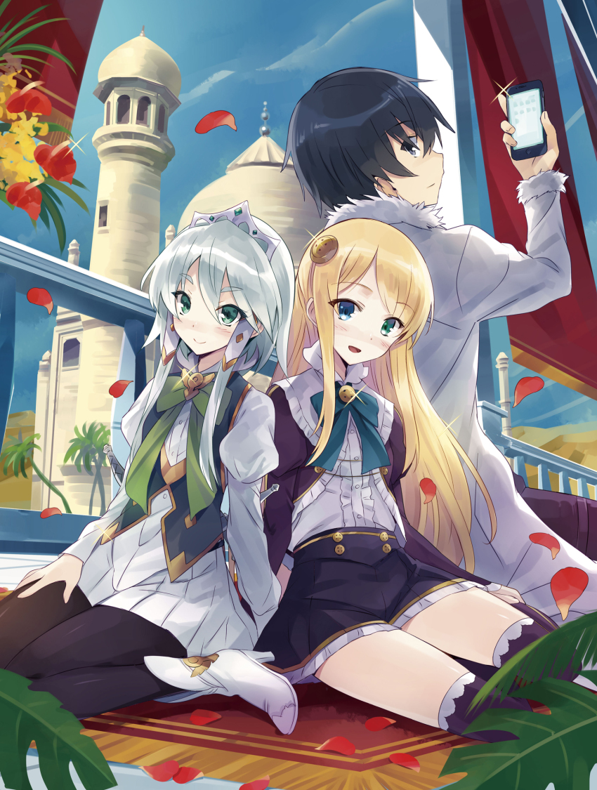 1boy 2girls black_eyes black_hair blonde_hair blue_eyes blush cellphone closed_mouth crown green_eyes green_hair hair_ornament heterochromia high_heels highres isekai_wa_smartphone_to_tomo_ni. long_hair long_sleeves looking_at_viewer lucia_rea_regulus mochizuki_touya multiple_girls open_mouth pantyhose phone princess school_uniform short_hair skirt smartphone smile solo thighhighs usatsuka_eiji yumina_elnea_belfast