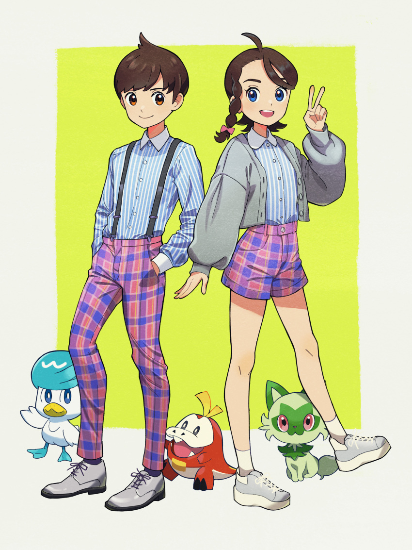 1boy 1girl :d absurdres ahoge alternate_costume blue_eyes braid buttons cardigan collared_shirt commentary_request cowlick eyelashes florian_(pokemon) fuecoco grey_cardigan grey_footwear hand_up highres juliana_(pokemon) knees nintendo nori_(hgdm2784) open_cardigan open_clothes open_mouth pants plaid_clothes plaid_pants plaid_shorts pokemon pokemon_(creature) pokemon_sv quaxly shirt shoes shorts smile sneakers socks sprigatito standing starter_pokemon_trio striped_clothes striped_shirt suspenders v vertical-striped_clothes vertical-striped_shirt white_socks