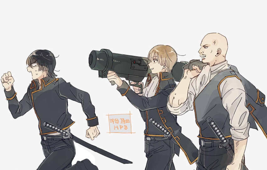 3boys ascot bald belt black_hair black_jacket black_vest blonde_hair commentary_request facial_hair gintama harada_unosuke hilt holding holding_jacket holding_rocket_launcher holding_unworn_clothes holding_weapon jacket katana multiple_boys mustache okita_sougo rocket_launcher running se0h sweat sword unworn_jacket vest weapon white_background yamazaki_sagaru yellow_trim