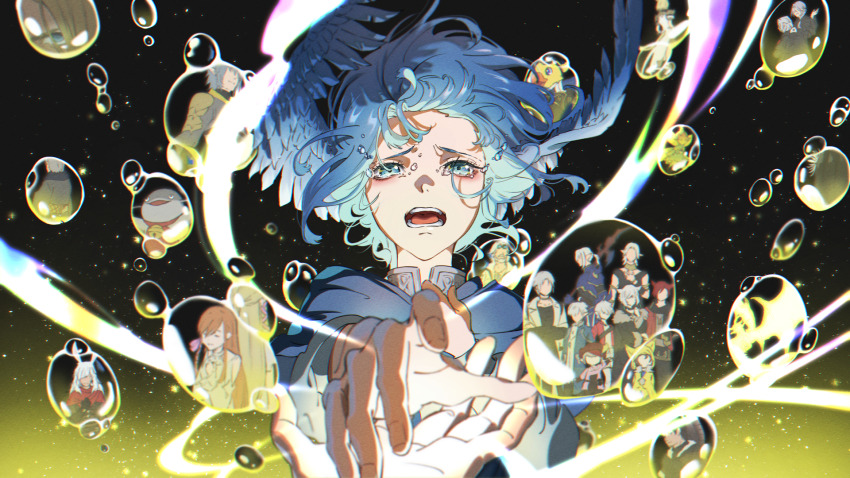 1girl alisaie_leveilleur alpha_(ff14) alphinaud_leveilleur ardbert_hylfyst bird_wings black_background blue_capelet blue_eyes blue_hair bubble capelet commentary crying crying_with_eyes_open emet-selch energy estinien_varlineau feathered_wings final_fantasy final_fantasy_xiv floating_hair foreshortening g&#039;raha_tia glowing haurchefant_greystone head_wings highres hythlodaeus krile_baldesion_(ff14) looking_at_viewer lyna_(ff14) meteion minfilia_warde namazu_(mythology) open_mouth out_of_frame portrait pov pov_hands reaching reaching_towards_viewer ryne_waters second-party_source short_hair solo_focus straight-on tataru_taru tears thancred_waters urianger_augurelt wind wings y&#039;shtola_rhul z_aft138420