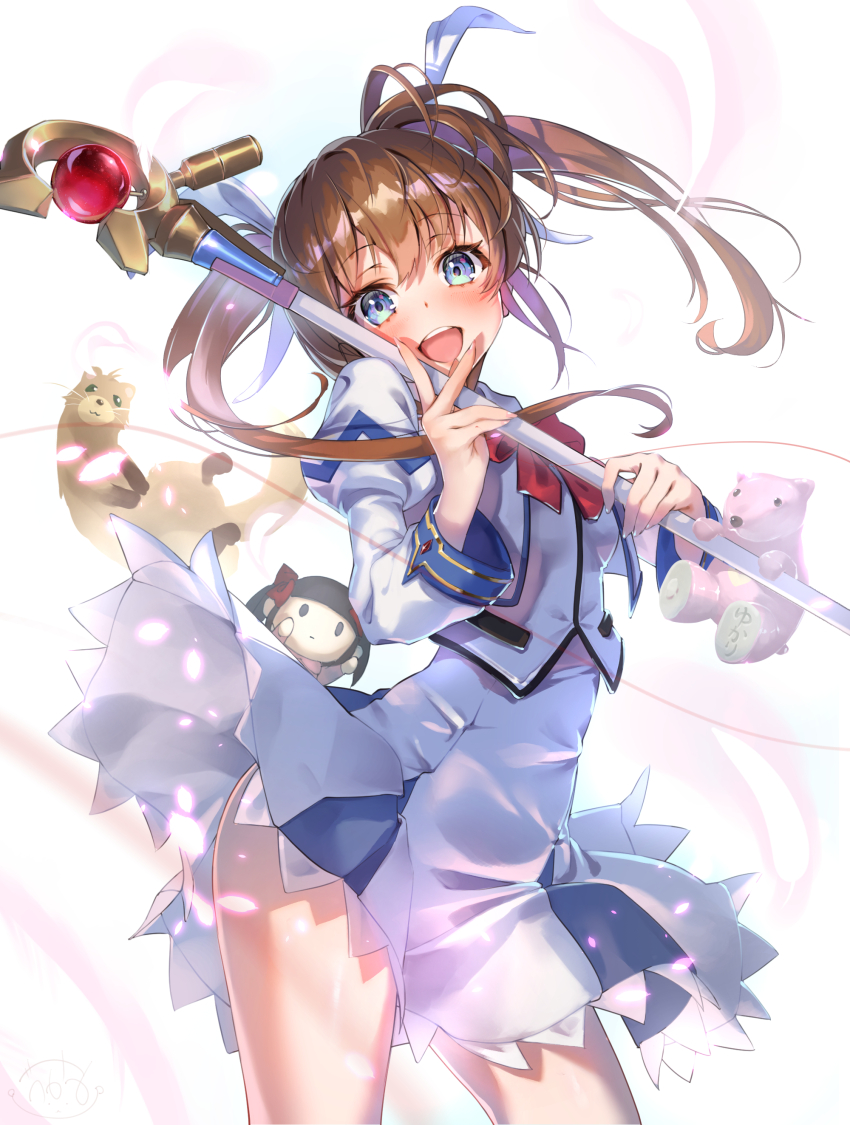 1boy 1girl absurdres brown_hair character_doll doll ferret fingerless_gloves gloves green_eyes highres long_hair lyrical_nanoha magical_girl mahou_shoujo_lyrical_nanoha octagram open_mouth purple_eyes raising_heart raising_heart_(standby_mode) ribbon skirt staff star_of_lakshmi takamachi_nanoha twintails v v_over_mouth weapon white_devil yonabe yuuno_scrya
