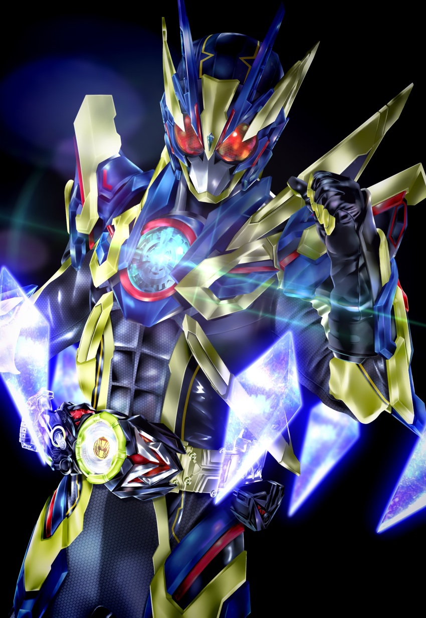 1boy absurdres antennae armor belt black_bodysuit blue_armor bodysuit compound_eyes rider_belt gloves glowing green_armor helmet highres kamen_rider kamen_rider_01_(series) kamen_rider_zero-one kuzurx male_focus multicolored_armor progrise_key red_eyes rider_belt shining_assault_hopper solo tokusatsu upper_body zero_one_driver
