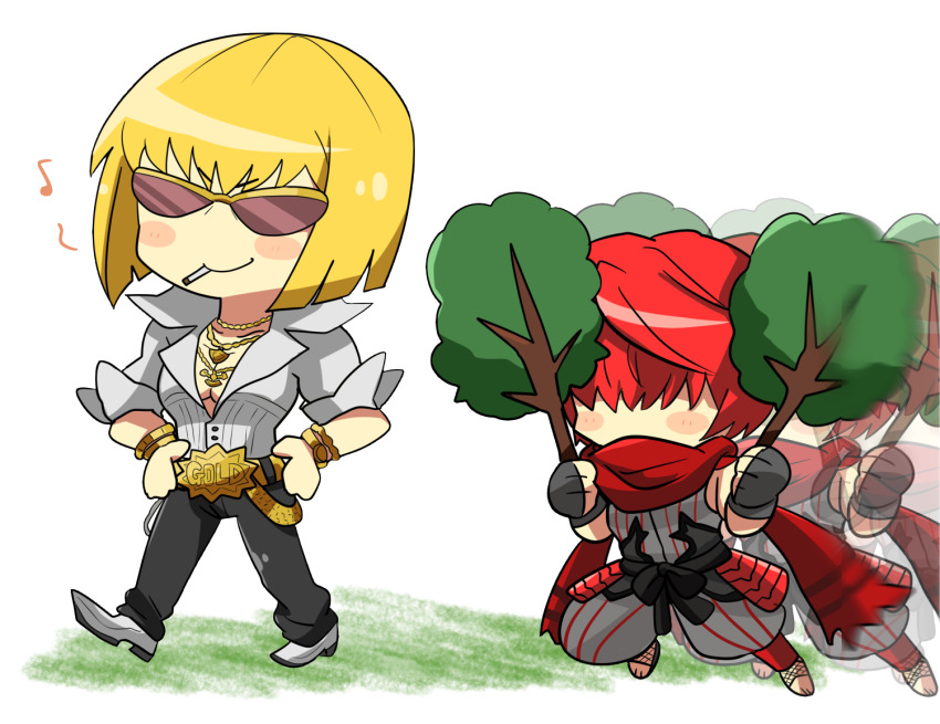 2boys black_gloves black_pants blonde_hair bracelet branch chibi chibi_only cigarette collared_shirt fate/grand_order fate_(series) following fuuma_kotarou_(fate) gloves gold_belt gold_bracelet grey_shirt hair_over_eyes holding holding_branch male_focus mouth_hold multiple_boys musical_note ninja no_nose pants pectorals red_hair red_scarf sakata_kintoki_(fate) scarf shiraie shirt smoking sunglasses