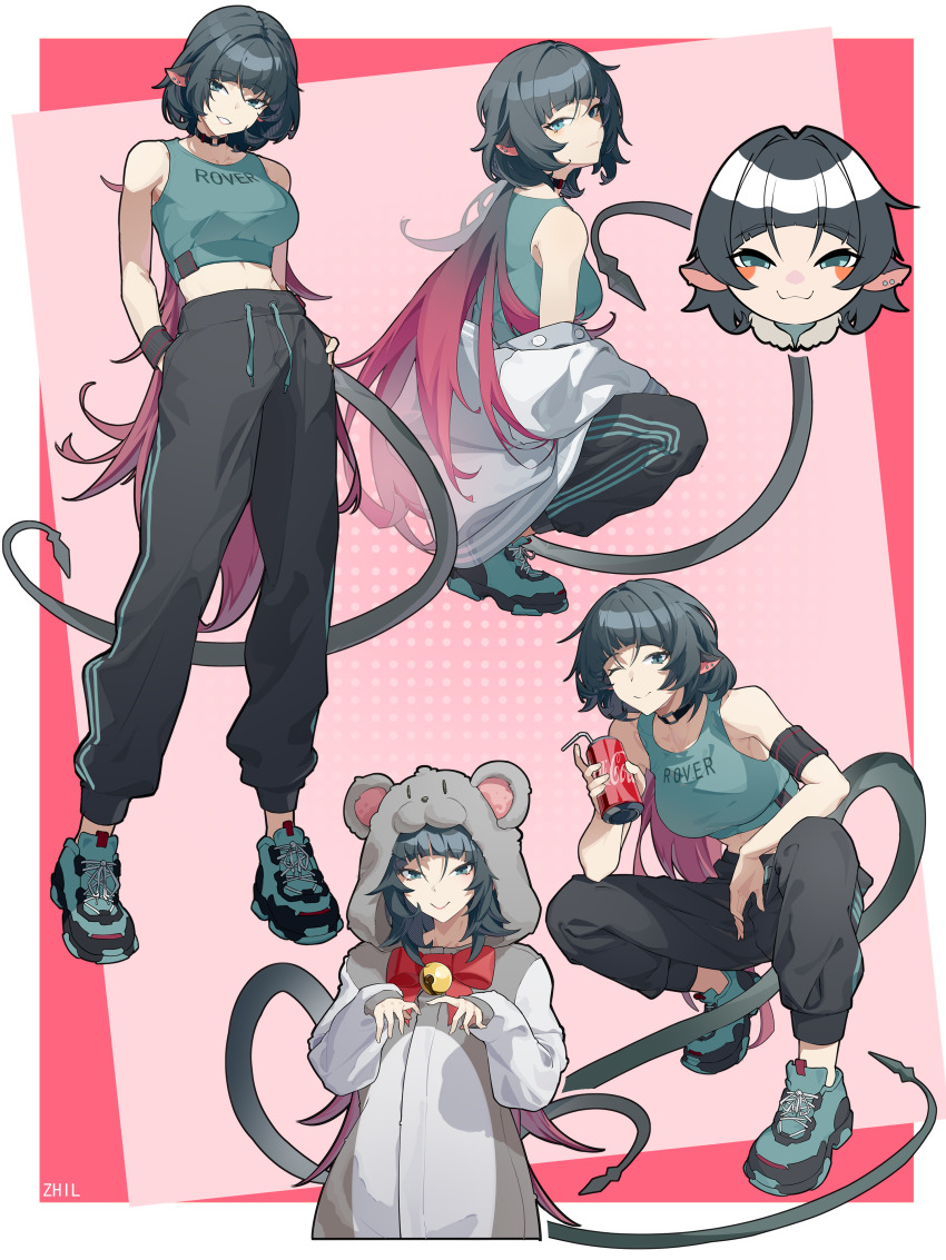 1girl absurdres alternate_costume animal_ears animal_hood artist_name black_choker black_pants blunt_bangs breasts choker closed_mouth crop_top drink full_body green_eyes green_footwear green_hair hands_in_pockets highres holding holding_drink hood jane_doe_(zenless_zone_zero) large_breasts looking_at_viewer mouse_ears mouse_girl mouse_hood mouse_tail multicolored_hair multiple_views one_eye_closed pants parted_lips red_hair sidelocks simple_background sleeveless smile tail two-tone_hair zenless_zone_zero zhileng_zhil