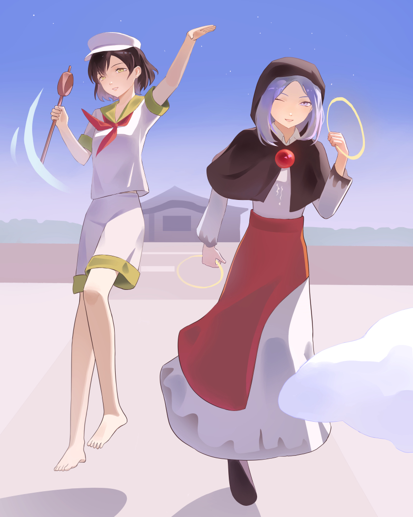 2girls absurdres barefoot black_capelet black_hair black_shoes blue_eyes blue_hair blue_sky capelet collared_shirt dress floating full_body green_eyes hat highres holding holding_jewelry holding_ladle holding_ring hood jewelry kesa kumoi_ichirin ladle long_hair long_sleeves looking_at_viewer multiple_girls murasa_minamitsu myouren_temple neckerchief one_eye_closed outdoors pendant red_neckerchief ring sailor_hat shirt shoes short_hair short_sleeves shorts sky thursyue touhou white_dress white_hat white_shirt white_shorts