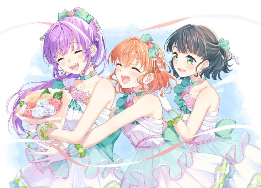 3girls :d ^_^ aqua_choker black_hair blue_eyes blue_sky blush bouquet cerise_bouquet cherry_hair_ornament choker closed_eyes collarbone commentary_request cowboy_shot crossed_bangs dress flower flower-trimmed_dress flower_choker flower_stand_art food-themed_hair_ornament frilled_dress frills green_eyes hair_flower hair_intakes hair_ornament half_updo high_ponytail highres hinoshita_kaho holding holding_bouquet link!_like!_love_live! long_hair looking_at_another love_live! medium_hair mikagami_suzuha momose_ginko multiple_girls open_mouth orange_hair orange_ribbon otomune_kozue pink_flower pink_rose ponytail purple_hair ranunculus ribbon rose second-party_source short_dress short_hair sidelocks single-shoulder_dress single_bare_shoulder sky smile virtual_youtuber white_dress white_flower yellow_flower yume_wazurai