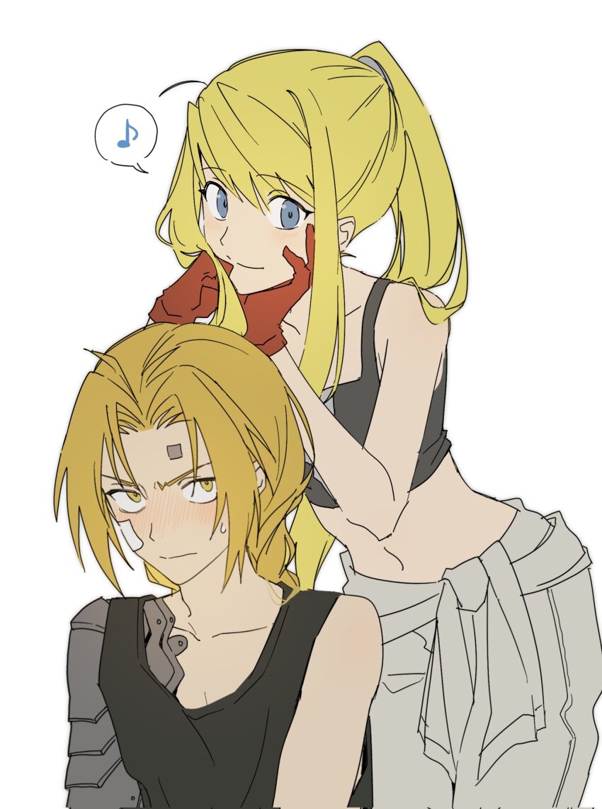 1boy 1girl bandaid bandaid_on_cheek bandaid_on_face bandaid_on_forehead black_camisole black_tank_top blonde_hair blue_eyes blush camisole cgvske1003 edward_elric fullmetal_alchemist gloves highres long_hair looking_at_viewer midriff musical_note nose_blush ponytail prosthesis prosthetic_arm red_gloves simple_background sleeveless spoken_musical_note sweat tank_top white_background winry_rockbell yellow_eyes
