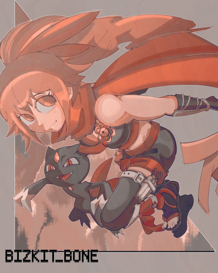 bare_shoulders black_gloves black_thighhighs breasts brown_eyes brown_hair cleavage crop_top drill_hair eyelashes game_freak gen_2_pokemon gloves hair_between_eyes highres kunai kunoichi_(sengoku_musou) medium_hair navel ninja nintendo parted_bangs pokemon pokemon_conquest ponytail red_ribbon red_scarf ribbon sandals scarf sengoku_musou short_shorts shorts side_ponytail smile sneasel source_request thigh_strap thighhighs toeless_legwear toes vambraces weapon
