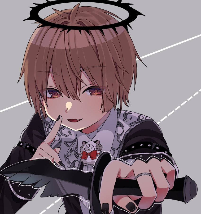1boy amatsuki_(utaite) black_halo black_nails brown_hair fang grey_background halo highres indie_utaite jewelry kamippoina_(vocaloid) knife masamune_(amatsuki) nail_polish priest red_eyes ring short_hair utaite yuei_(n_t0s)