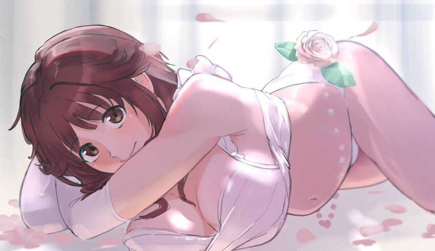 1girl amagami belly_chain bikini breasts bridal_lingerie brown_eyes brown_hair cleavage closed_mouth commentary elbow_gloves falling_petals flower flower_bikini frilled_bikini frills gloves highres jewelry kaameemon large_breasts lingerie looking_at_viewer lying medium_hair navel official_alternate_costume on_stomach petals rose sakurai_rihoko solo stomach swimsuit underwear white_bikini white_flower white_gloves white_rose