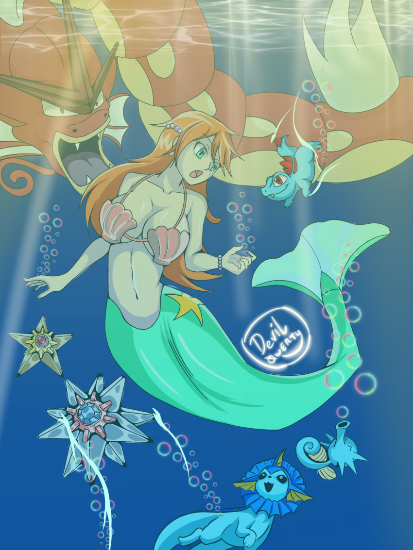 1girl artktrina bikini blush breasts clam cleavage earrings full_body gen_1_pokemon gen_2_pokemon green_eyes gyarados hair_ornament highres horsea jewelry large_breasts long_hair looking_at_viewer mermaid mermaid_costume mermaid_misty_(pokemon) misty_(pokemon) monofin monster_girl navel necklace nintendo orange_hair pokemon pokemon_(anime) pokemon_(classic_anime) seashell shell shell_bikini smile star_(symbol) starmie staryu swimsuit totodile underwater vaporeon water wet