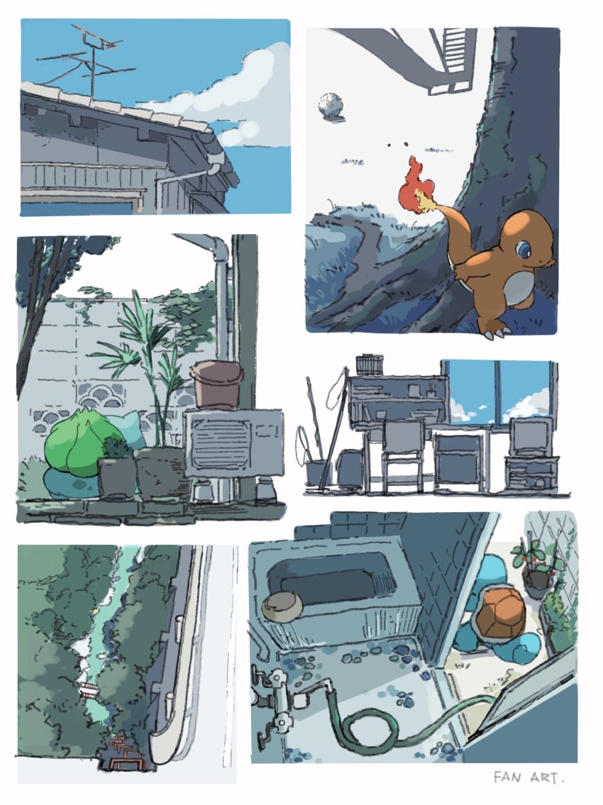 absurdres ball bathroom blue_sky book brick_wall bucket bulbasaur chair charmander cloud condenser_unit crt desk drainpipe fiery_tail fire fishing_rod flame-tipped_tail game_freak gen_1_pokemon hand_net highres hose indoors momota_pix nintendo no_humans outdoors plant pokemon pokemon_(creature) pokemon_day potted_plant shadow sky slice_of_life soccer_ball squirtle stack_bond starter_pokemon_trio tail television tile_roof tile_wall tiles tree window yagi_antenna