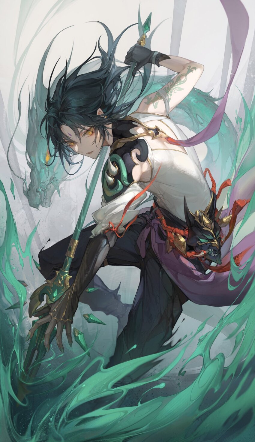1boy bishounen black_gloves black_hair chinese_clothes dragon eastern_dragon genshin_impact gloves green_hair highres kkamiiz male_focus mask multicolored_hair polearm qiang_(weapon) solo spear weapon xiao_(genshin_impact) yellow_eyes