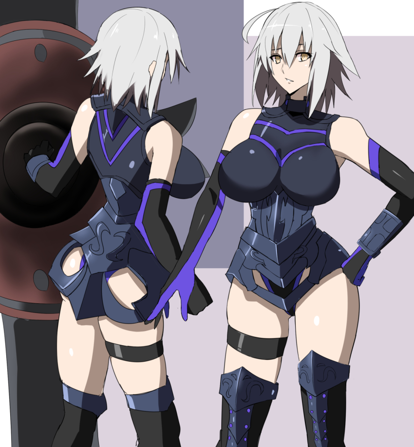 1girl ahoge armor bodysuit breasts fate/grand_order fate_(series) grey_hair highres holding holding_shield holding_weapon jeanne_d&#039;arc_alter_(avenger)_(fate) jeanne_d&#039;arc_alter_(fate) large_breasts looking_at_viewer mash_kyrielight open_mouth shield short_hair skirt smile solo takara_joney weapon yellow_eyes