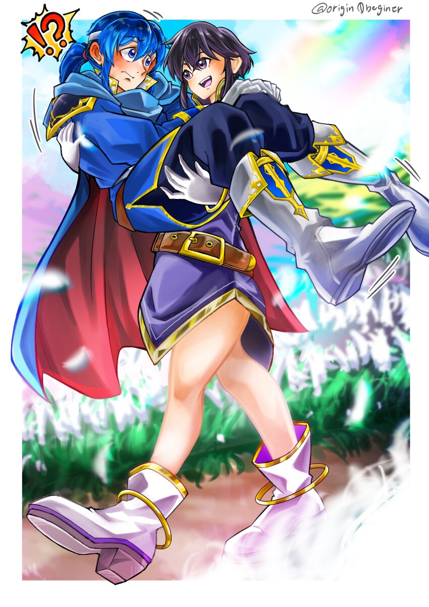 !? 1boy 1girl absurdres arms_around_neck bare_legs belt black_hair blue_cape blue_hair blue_tunic blush boots cape carrying carrying_person commission commissioner_upload couple fire_emblem fire_emblem:_genealogy_of_the_holy_war flower gloves headband highres larcei_(fire_emblem) long_hair looking_at_another nintendo pants ponytail princess_carry purple_eyes purple_tunic rainbow reverse_princess_carry seliph_(fire_emblem) sidelocks signature skeb_commission smile standing surprised tomboy tunic twitter_username walking white_headband ya-don