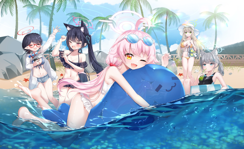 5girls animal_ear_fluff animal_ears arm_up ayane_(blue_archive) ayane_(swimsuit)_(blue_archive) beach bikini black_bikini black_hair black_one-piece_swimsuit blue-tinted_eyewear blue_archive blue_bikini blue_halo blue_ribbon blue_shorts breasts bright_pupils cat_ears cat_girl chinese_commentary cleavage closed_mouth cloud collarbone commentary_request cross cup day denim denim_shorts drinking_glass drinking_straw eyewear_on_head fang foreclosure_task_force_(blue_archive) frilled_bikini frills front-tie_bikini_top front-tie_top glasses green_eyes green_halo grey_hair hair_bobbles hair_ornament halo hat highres holding holding_cup holding_water_gun hoshino_(blue_archive) hoshino_(swimsuit)_(blue_archive) inflatable_toy inflatable_whale large_breasts latin_cross light_brown_hair long_hair long_sleeves looking_at_viewer low_twintails medium_breasts medium_hair mismatched_pupils multiple_girls navel nonomi_(blue_archive) nonomi_(swimsuit)_(blue_archive) ocean off-shoulder_bikini off_shoulder official_alternate_costume one-piece_swimsuit one_eye_closed open_mouth orange_bikini orange_eyes outdoors palm_tree pink_eyes pink_halo pointy_ears ponytail puffy_long_sleeves puffy_sleeves red-framed_eyewear red_halo ribbon serika_(blue_archive) serika_(swimsuit)_(blue_archive) shiroko_(blue_archive) shiroko_(swimsuit)_(blue_archive) shirt short_hair short_ponytail shorts side-tie_bikini_bottom side_ponytail small_breasts smile starfish sun_hat sunglasses swimsuit tinted_eyewear tree twintails umou_(may65879) very_long_hair water_gun waving white-framed_eyewear white_bikini white_headwear white_pupils white_shirt wolf_girl