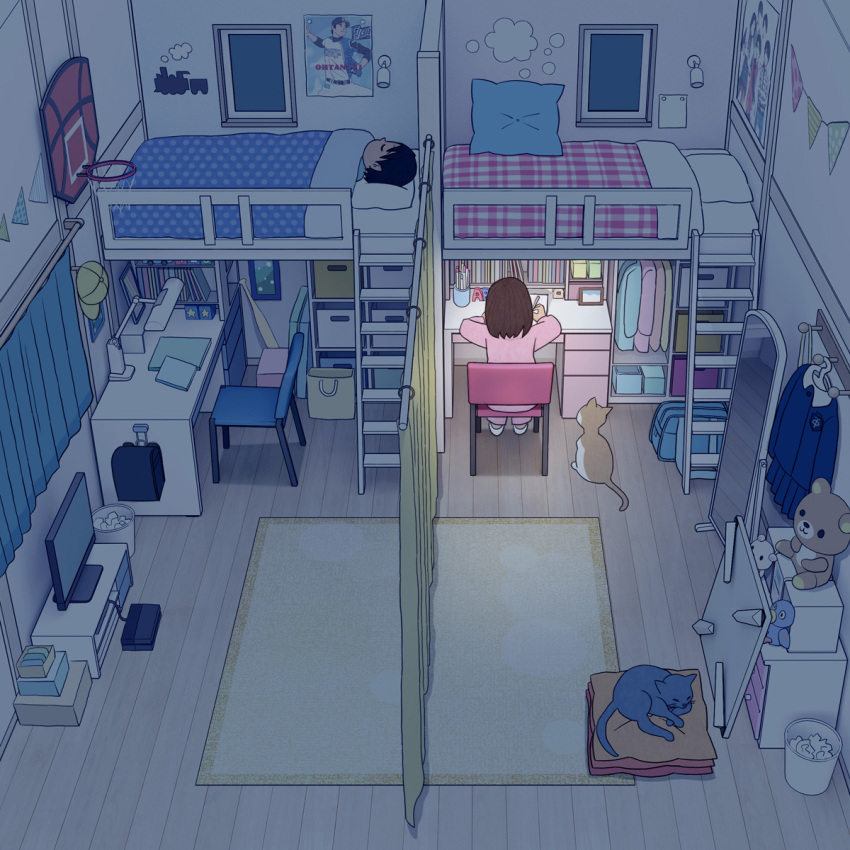 1boy 1girl absurdly_detailed_composition bra brother_and_sister cat clothes_hanger curtains desk dressing fixed-point_camera full_body highres indoors kiyo_(kyokyo1220) loaded_interior loft_bed lying male_underwear night on_bed ootani_shouhei original panties school_uniform shirt siblings sitting sleeping standing television time_lapse underwear white_bra white_male_underwear white_panties white_shirt window