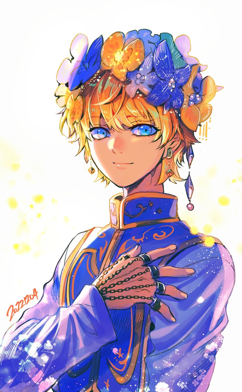 1boy androgynous bae_(baebae) blonde_hair blue_eyes blue_flower blue_tabard chain crystal_earrings earrings flower flower_on_head hand_on_own_chest highres hunter_x_hunter jewelry kurapika light_particles looking_at_viewer male_focus multiple_rings ring short_hair simple_background smile solo tabard upper_body white_background yellow_flower