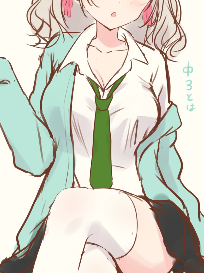 1girl aqua_cardigan black_skirt blue_eyes breasts cardigan ceras_yanagida_lilienfeld cleavage collarbone collared_shirt commentary crossed_legs dress_shirt feet_out_of_frame green_necktie grey_hair gyaru hair_ribbon hanazora_satsuki head_out_of_frame highres large_breasts link!_like!_love_live! long_hair love_live! miniskirt mizukawa_school_uniform necktie pink_ribbon pleated_skirt ribbon school_uniform shirt single_off_shoulder sitting skirt solo swept_bangs symbol-only_commentary thighhighs translation_request white_shirt white_thighhighs zettai_ryouiki