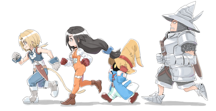 1girl 3boys adelbert_steiner aqua_vest black_hair blonde_hair blue_eyes bodysuit boots burmecian cropped_vest dede_(qwea_00000) final_fantasy final_fantasy_ix garnet_til_alexandros_xvii gloves hat highres lace-up_top long_hair low-tied_long_hair monkey_tail multiple_boys orange_bodysuit running tail vest vivi_ornitier wizard_hat zidane_tribal