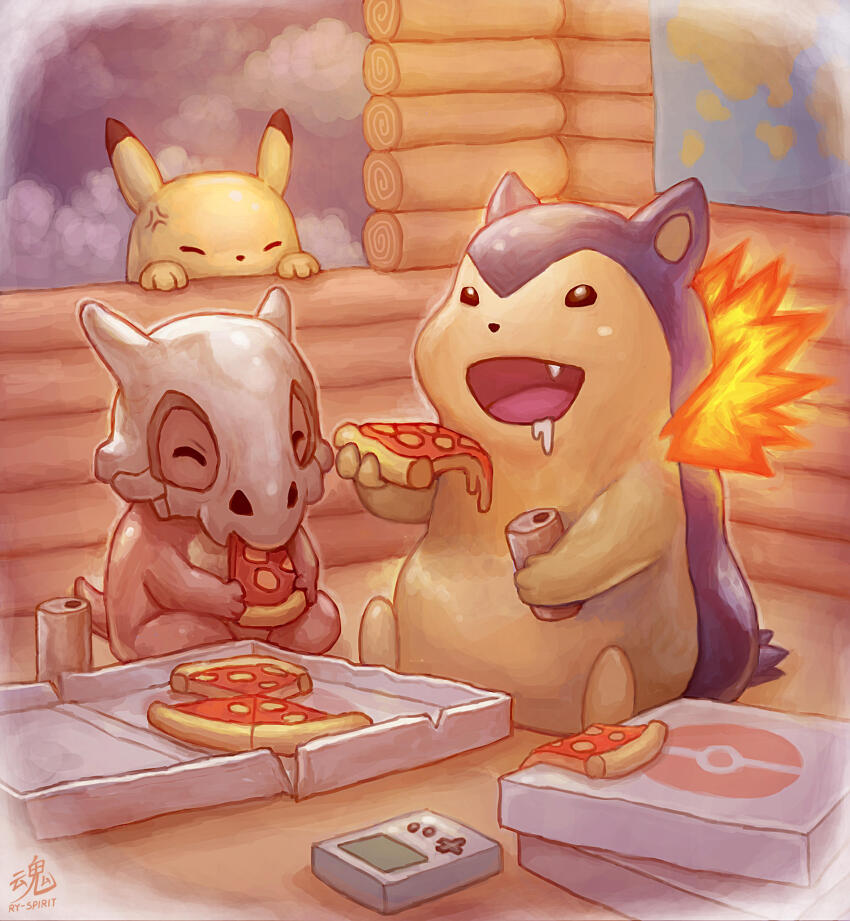 absurdres anger_vein black_eyes black_fur brown_fur can closed_eyes cubone drink_can drooling fang fire food game_boy game_boy_(original) gen_1_pokemon gen_2_pokemon handheld_game_console highres holding holding_can holding_food holding_pizza indoors log_cabin map mask nintendo no_humans open_mouth pikachu pizza pizza_box pizza_slice pokemon pokemon_(creature) ry-spirit signature sitting skull skull_mask smile soda_can two-tone_fur typhlosion window yellow_fur
