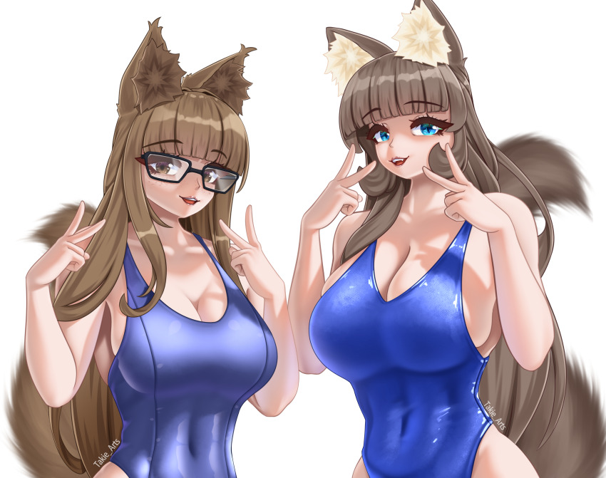 2girls absurdres animal_ears blue_eyes blunt_bangs breasts brown_eyes brown_hair cat_ears cat_girl cat_tail cleavage fangs glasses happy highres large_breasts long_hair look-alike looking_at_viewer midriff multiple_girls one-piece_swimsuit open_mouth original swimsuit tail takie takie_arts very_long_hair white_background
