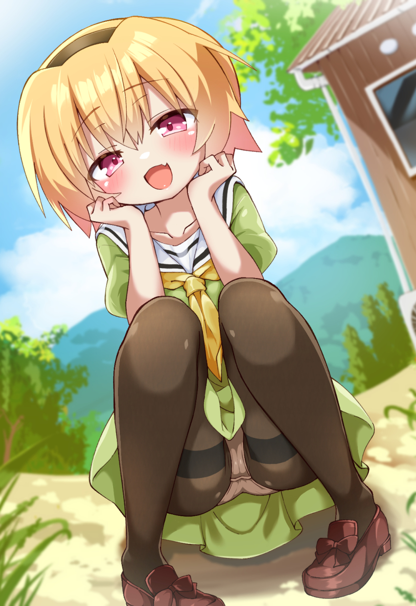 1girl 3105lave black_hairband black_pantyhose blonde_hair blurry blurry_background blush brown_shoes cameltoe day dress fang full_body green_dress hairband hands_up highres higurashi_no_naku_koro_ni houjou_satoko loli looking_at_viewer mesugaki neckerchief open_mouth outdoors panties panties_under_pantyhose pantyhose pink_eyes puffy_short_sleeves puffy_sleeves sailor_collar sailor_dress shoes short_hair short_sleeves skin_fang solo squatting textless_version thighband_pantyhose underwear white_panties white_sailor_collar yellow_neckerchief
