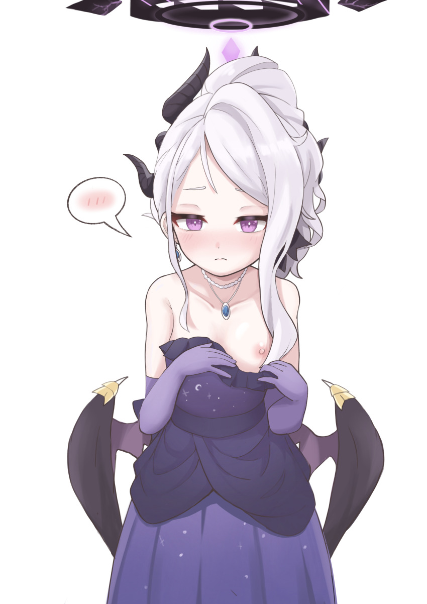 absurdres black_halo blue_archive blush breasts demon_girl demon_horns demon_wings dress earrings gloves halo highres hina_(blue_archive) hina_(dress)_(blue_archive) horns jewelry long_hair looking_at_viewer necklace nipples pendant purple_dress purple_eyes purple_gloves qz simple_background small_breasts white_background white_hair wings