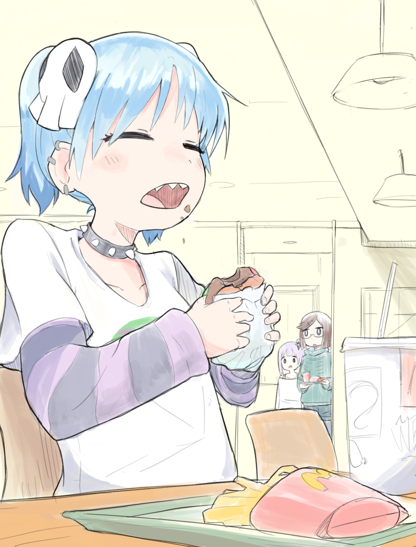 3girls absurdres bare_shoulders black_pantyhose booth_seating brown_hair burger closed_eyes collar collarbone cup denim denim_shorts disposable_cup ear_piercing eating food french_fries glasses green_hoodie highres holding holding_burger holding_food holding_tray hood hoodie izutsumi_marin koga_konoha kusagakure_satoko layered_sleeves long_hair long_sleeves mcdonald&#039;s medium_hair multiple_girls ninja_to_koroshiya_no_futarigurashi off-shoulder_shirt off_shoulder open_mouth pantyhose piercing purple_hair purple_shirt sharp_teeth shirt short_over_long_sleeves short_shorts short_sleeves short_twintails shorts shuriken_hair_ornament side_ponytail spiked_collar spikes swept_bangs teeth tray twintails user_ekan2588 white_shirt