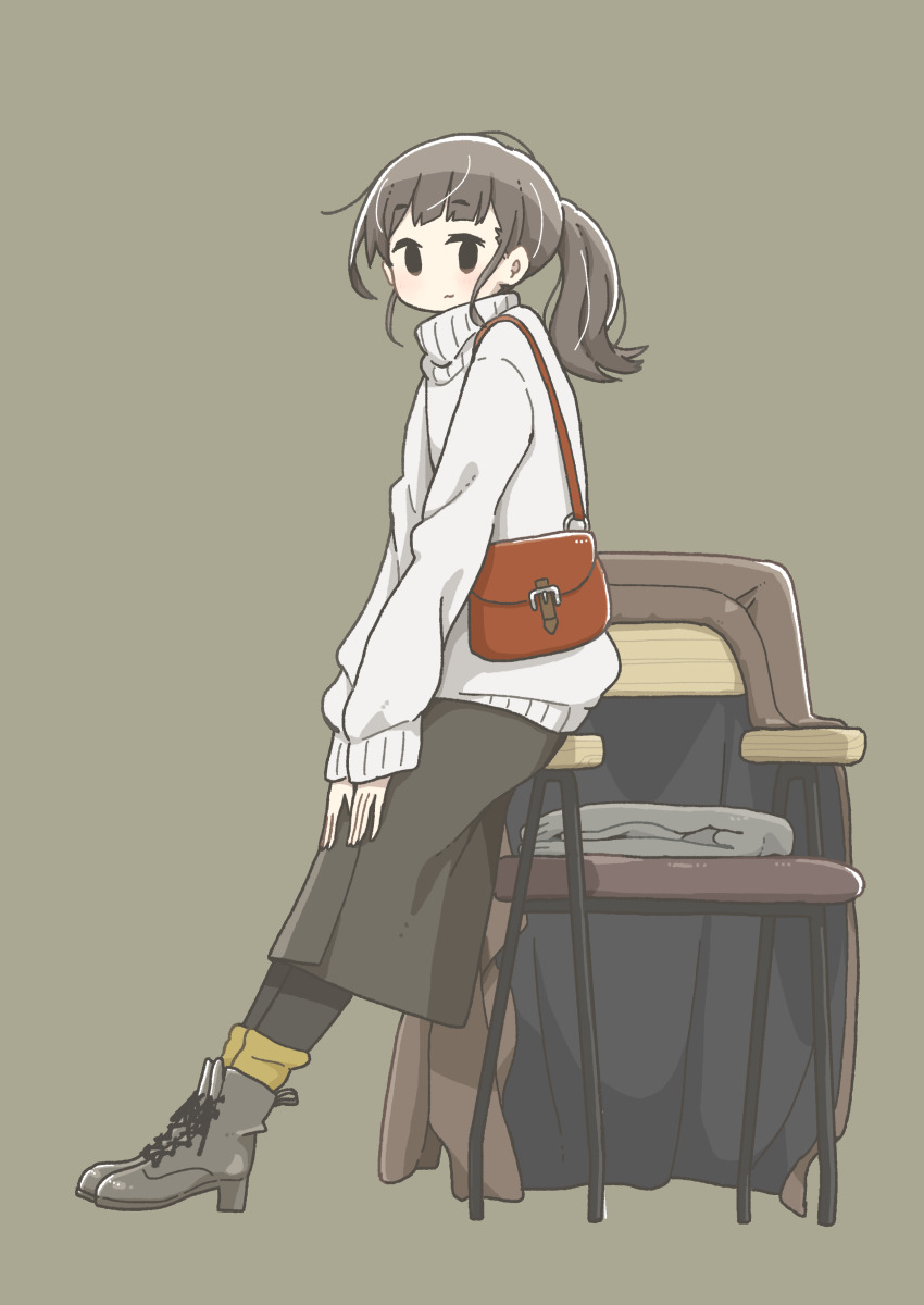 1girl absurdres bag black_eyes black_skirt blush boots brown_background brown_boots brown_hair chair closed_mouth east_sha2 full_body handbag high_heel_boots high_heels highres long_sleeves looking_at_viewer medium_hair original ponytail short_ponytail simple_background skirt solo sweater turtleneck turtleneck_sweater white_sweater