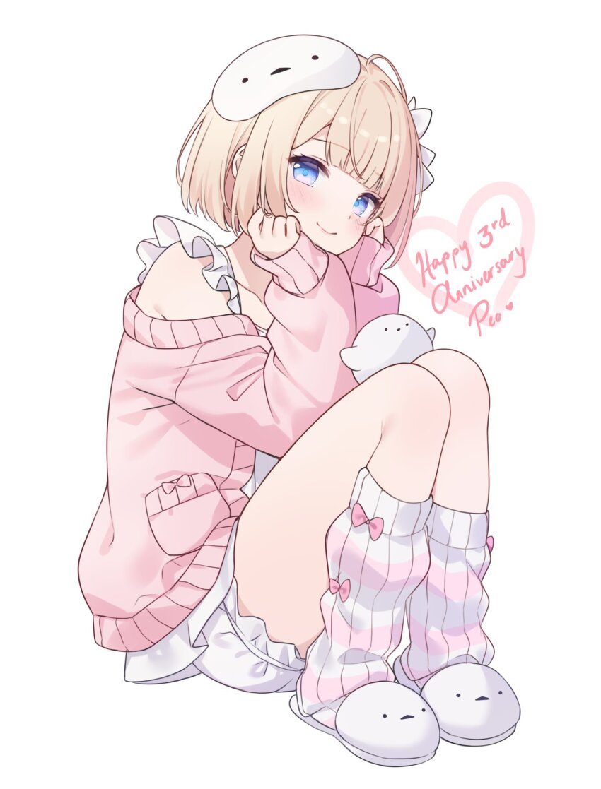 1girl blonde_hair bloomers blue_eyes commentary english_commentary hands_on_own_cheeks hands_on_own_face highres hitsukuya indie_virtual_youtuber jacket knees_up long_sleeves looking_at_viewer loose_socks medium_hair peonista_(yukinoshita_peo) pink_jacket ribbed_socks shorts simple_background sitting slippers smile socks solo underwear virtual_youtuber white_background white_bloomers white_shorts white_slippers white_socks yukinoshita_peo