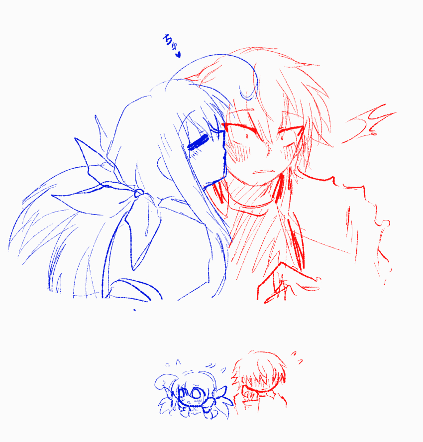 1boy 1girl artist_request blush chinese_clothes closed_eyes constricted_pupils fatal_fury fatal_fury:_city_of_the_wolves fingerless_gloves full-face_blush futaba_hotaru gloves hair_ribbon hands_on_own_face heart highres jacket japanese_text kissing_cheek low_twintails monochrome nervous oekaki open_clothes open_jacket parted_lips ribbon rock_howard short_hair sketch snk source_request surprised the_king_of_fighters translation_request twintails wide-eyed
