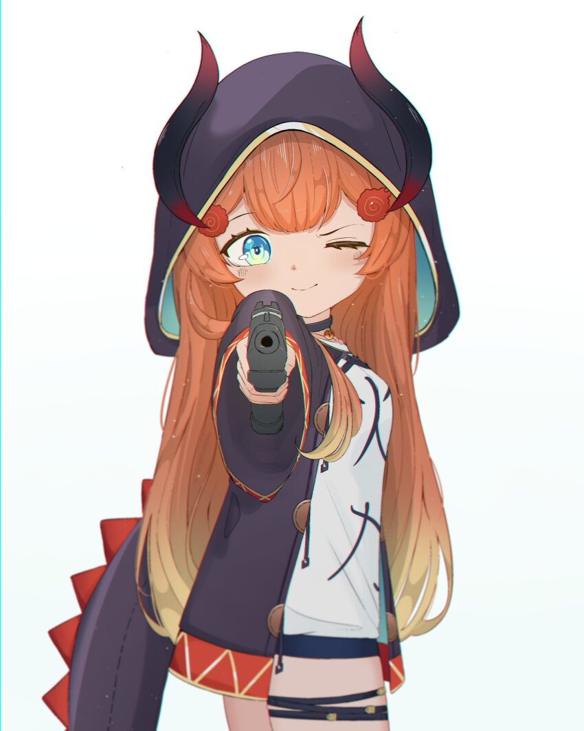 1girl absurdres aiming aiming_at_viewer blonde_hair blue_eyes commission gun hair_ornament handgun highres hood hoodie japanese_text long_hair looking_at_viewer miki_hitsugi nose one_eye_closed orange_hair pants pistol shorts simple_background smile specialite_(company) specialite_en tail virtual_youtuber weapon white_background